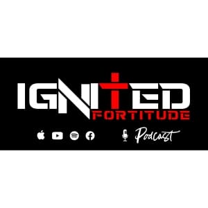 A black and white logo for ignited fortitude podcast.