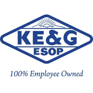 A blue and white logo of keg esop