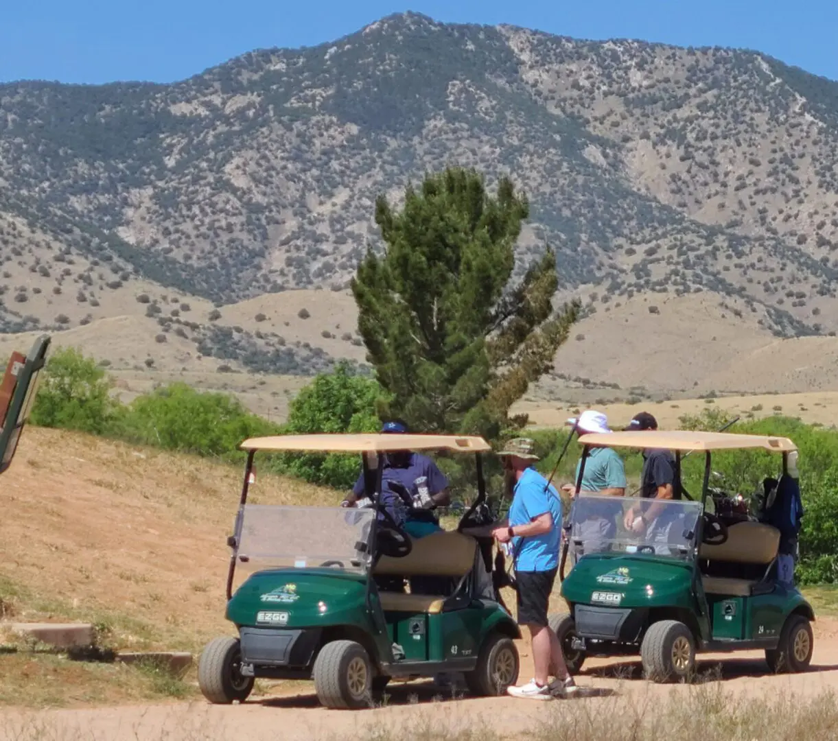 A group of people riding in golf carts on the side of a road.