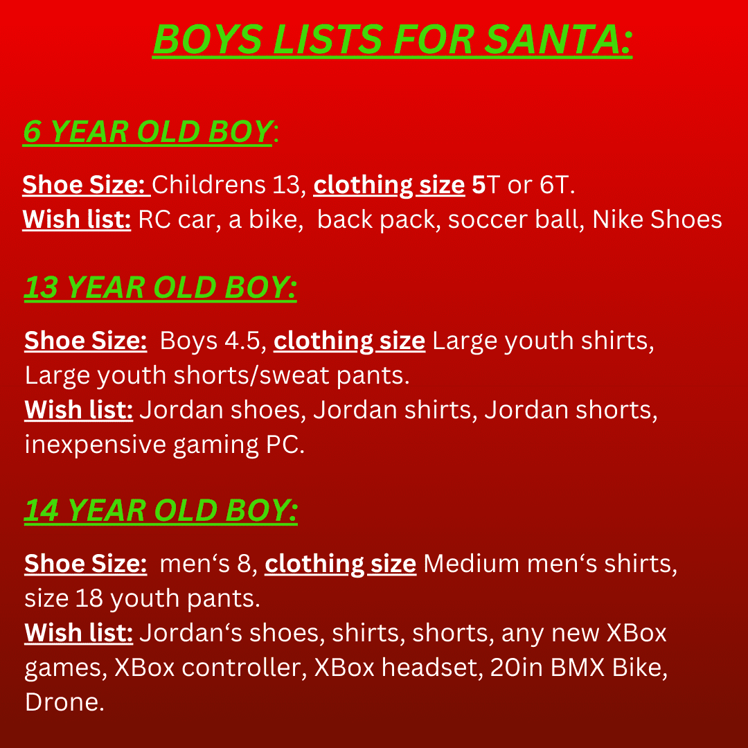 A red and white poster with the words " boys lists for santa ".