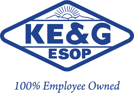 A blue and green logo for ke & g esop.